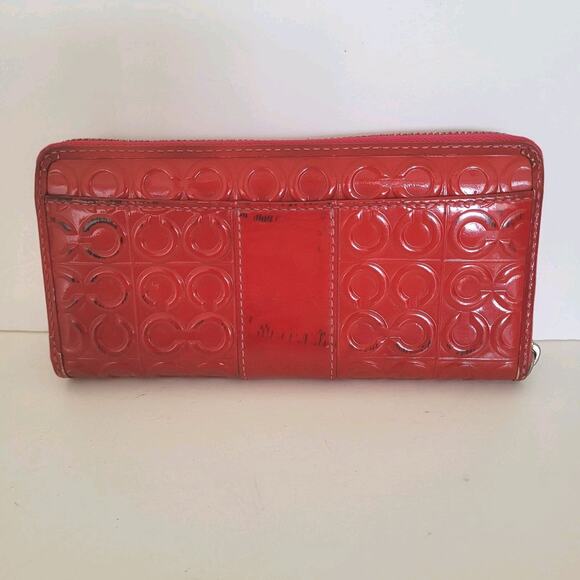 Coach Accordion Zip Around Wallet Pink Red Large Patent Leather - Picture 2 of 11
